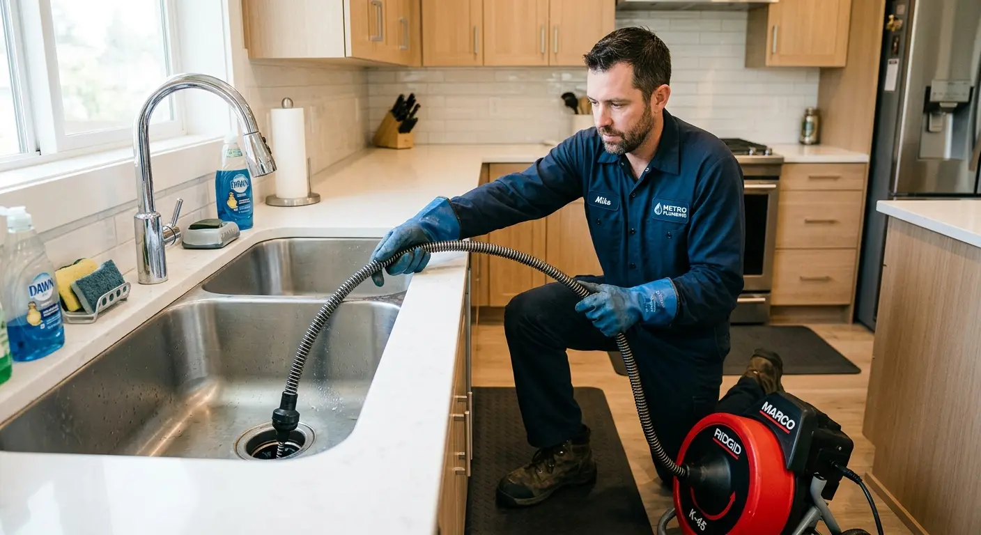 Drain cleaning technician using a motorized snake on a kitchen sink in Cinnaminson