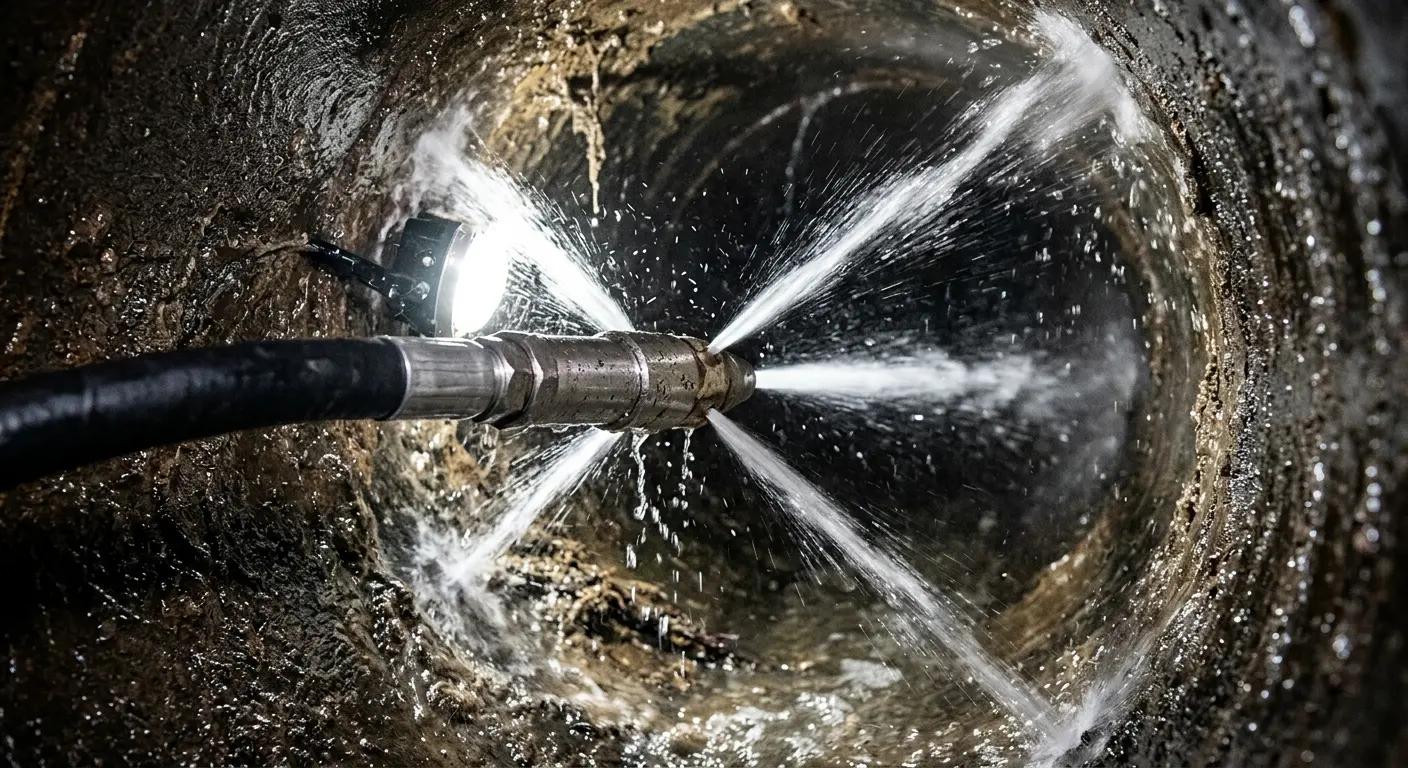 High-pressure hydro jetting nozzle cleaning sewer pipe for Emergency Drain Service in Cinnaminson