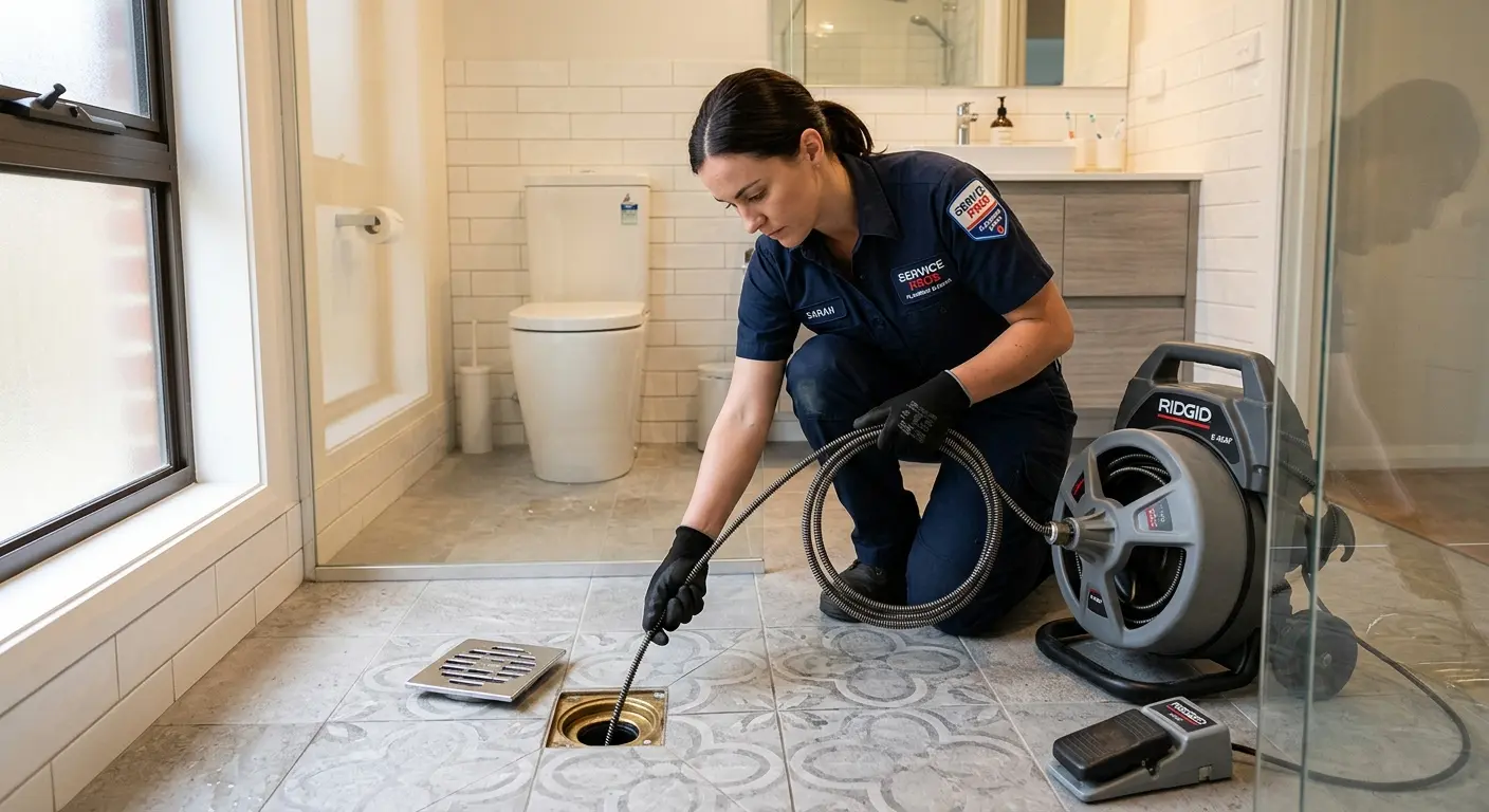 Technician clearing a bathroom floor drain for Drain Cleaning in Cinnaminson